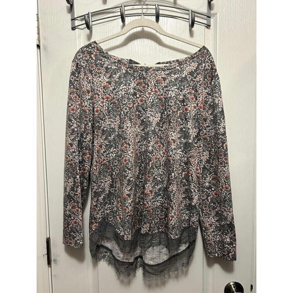 Laura Conrad Floral Top w/ Lace Hem & Back Ribbon Tie Gray‎ Pink Sz large Blouse